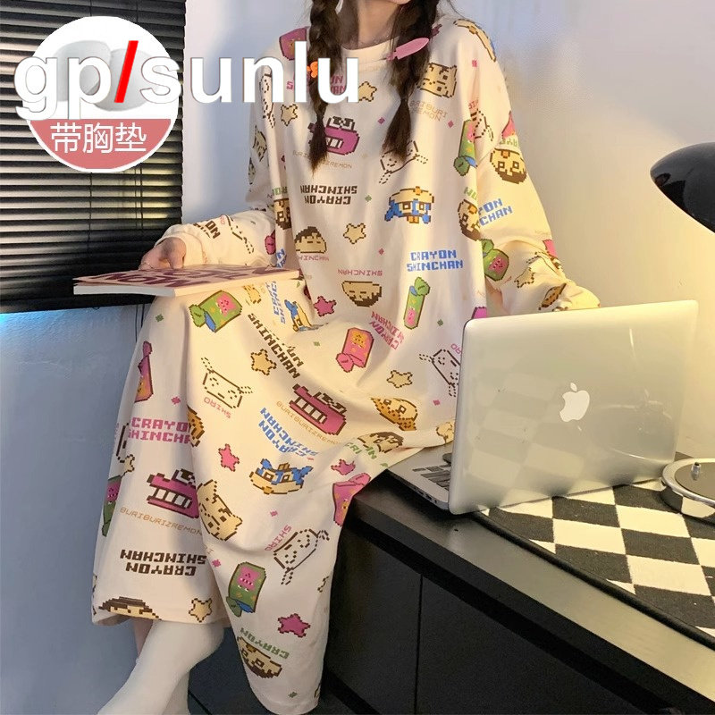 日本小众GP可爱卡通纯棉睡裙女款春秋季长袖带胸垫睡衣大码家居服