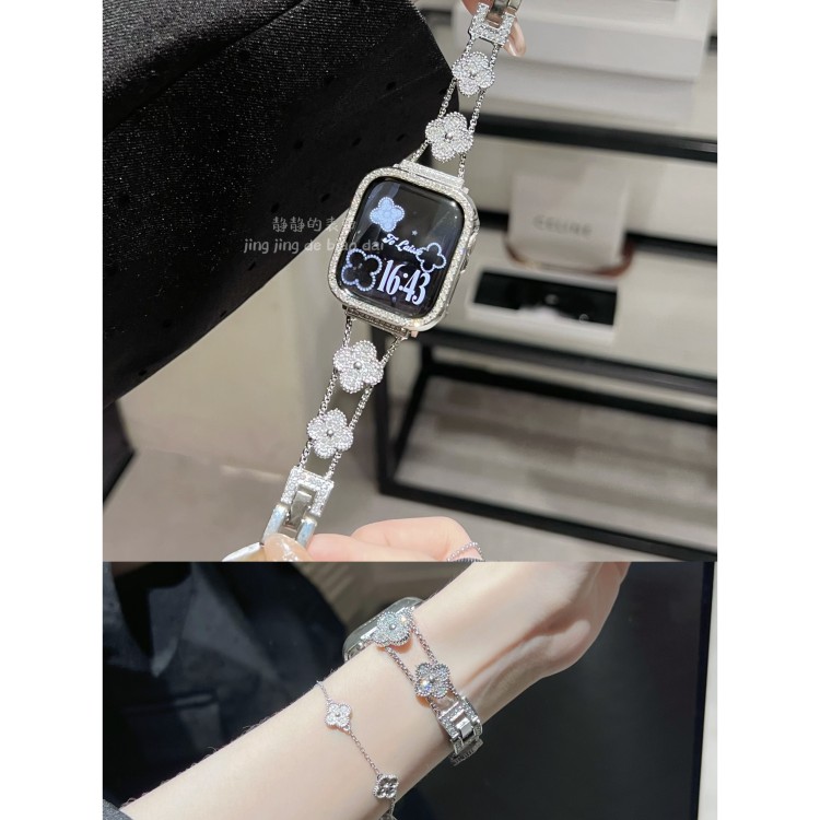 满钻四叶花闪钻壳金属适用于applewatch苹果手表SE表带iwatch静静
