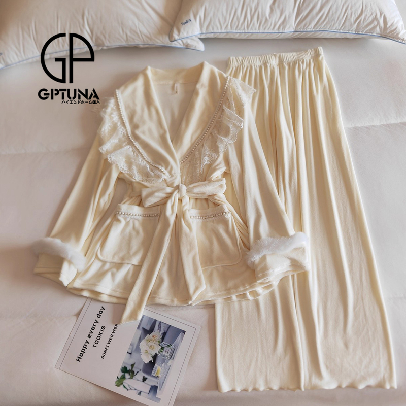 日本GP海岛绒睡衣女秋冬季长袖花边性感纯欲风加绒保暖绑带家居服