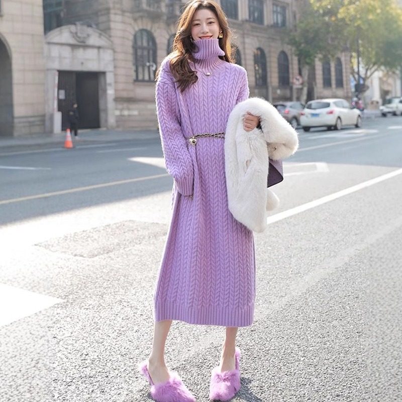 慵懒风秋冬加厚麻花紫色纯山羊绒长款毛衣裙女宽松高领针织连衣裙