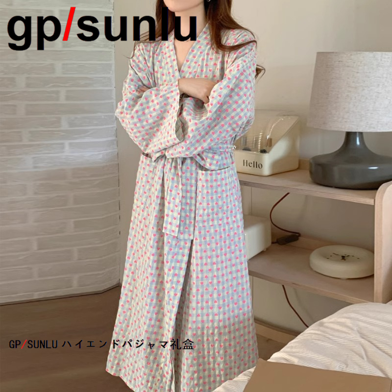 日本GP纯棉睡袍女春秋季甜美爱心格子浴袍晨袍和服睡衣长款家居服