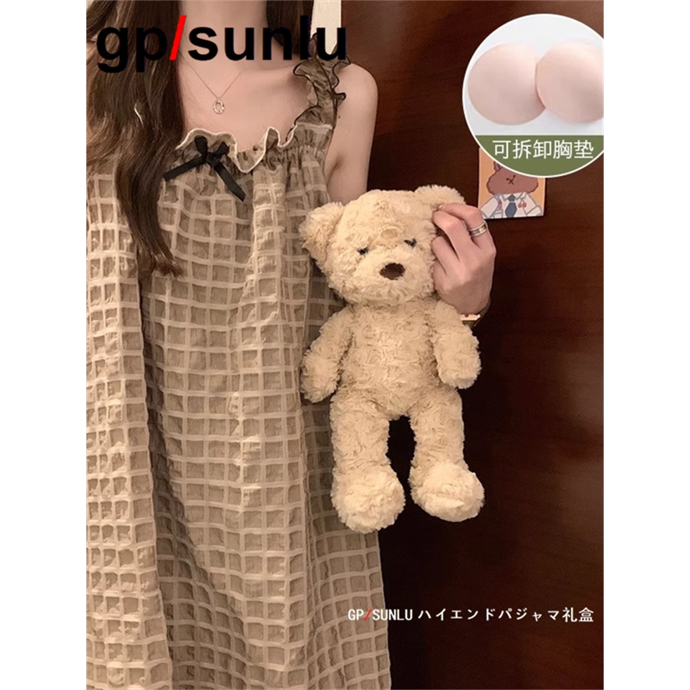 日本GP纯棉吊带睡裙女款夏季带胸垫睡衣高级感加大码ins风家居服