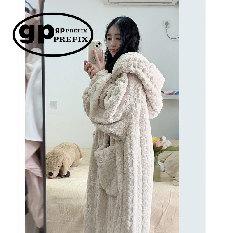 日本小众GP大码连帽珊瑚绒睡衣女冬款长袍秋冬季睡袍加绒加厚浴袍