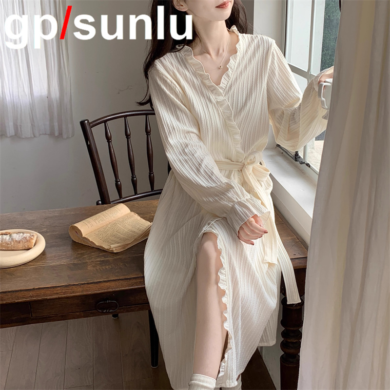 日本小众GP纯棉睡袍女春秋款甜美花边睡衣系带浴袍晨袍薄款家居服