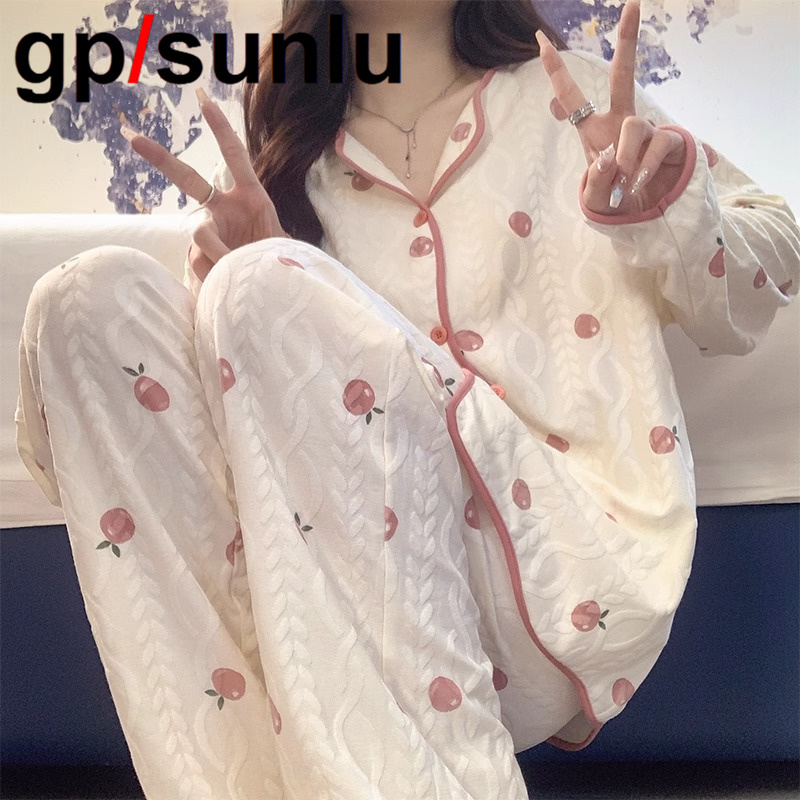 日本小众GP睡衣女春秋款长袖长裤甜美可爱开衫夏季网红家居服套装