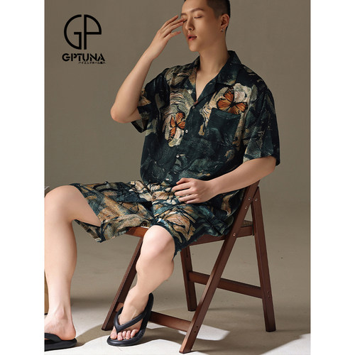日本GP男士睡衣夏季冰丝短袖短裤高级感国潮风薄款丝绸家居服套装