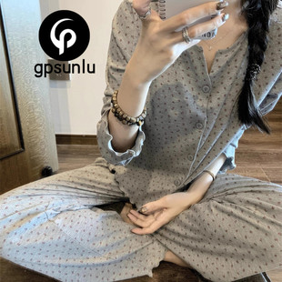 日本GP碎花圆领开衫睡衣女春秋冬韩版长袖休闲大码家居服套装夏天
