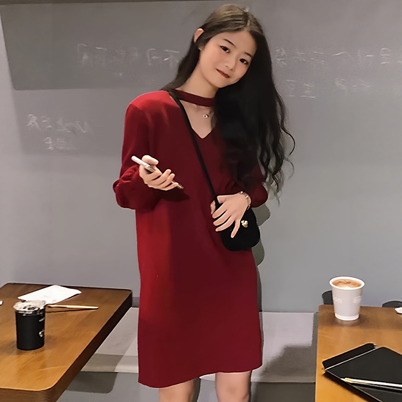 高级感红色100%纯山羊绒针织连衣裙女宽松中长款内搭打底毛衣裙子