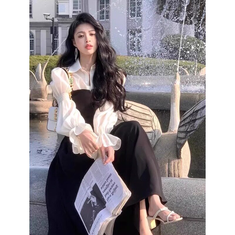 XZOXZO秋季新款女装时尚穿搭高级感法式长袖衬衫两件套吊带连衣裙
