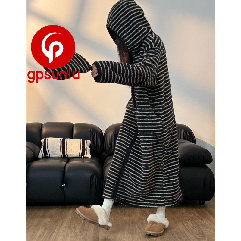 日本GP黑白条纹珊瑚绒连帽睡袍女款冬季大码加厚连睡衣家居服睡裙