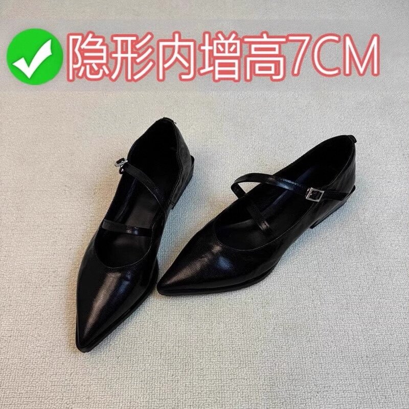 香港内增高真皮高跟单鞋女春夏2025新款黑色尖头浅口玛丽珍小皮鞋