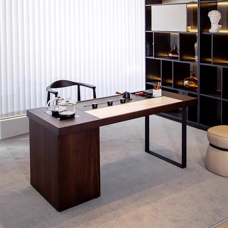 新中式实木岩板茶桌轻奢现代高级感客厅办公室胡桃木家用小茶台