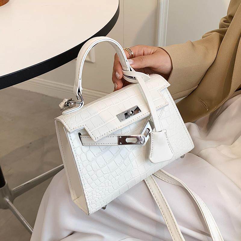 白色手提小包包女百搭2024新款秋冬时尚质感斜挎小包鳄鱼纹凯莉包