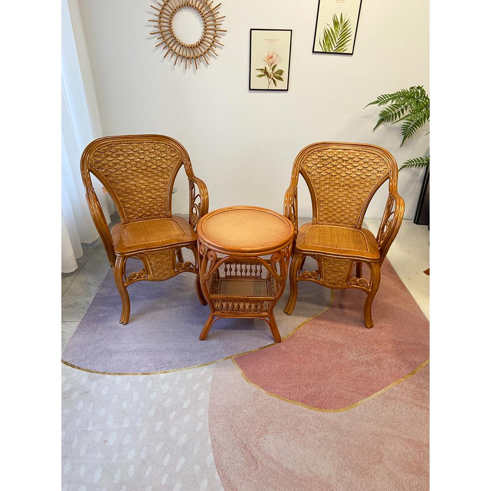 天然真藤网红休闲风久坐三件套真藤椅客厅藤椅老人椅五件套餐桌椅