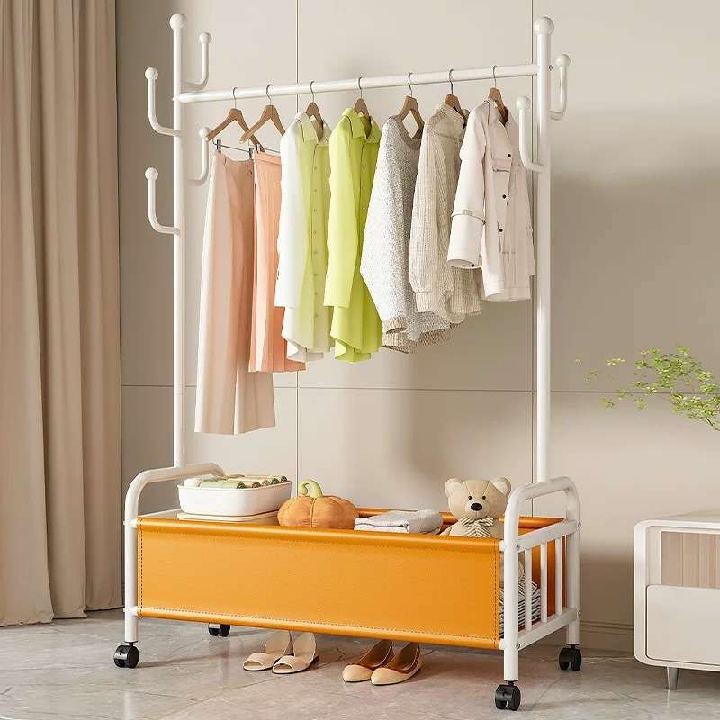 卧室落地挂衣架衣帽架阳台可移动晾衣架奶油风家用衣帽架落地带筐