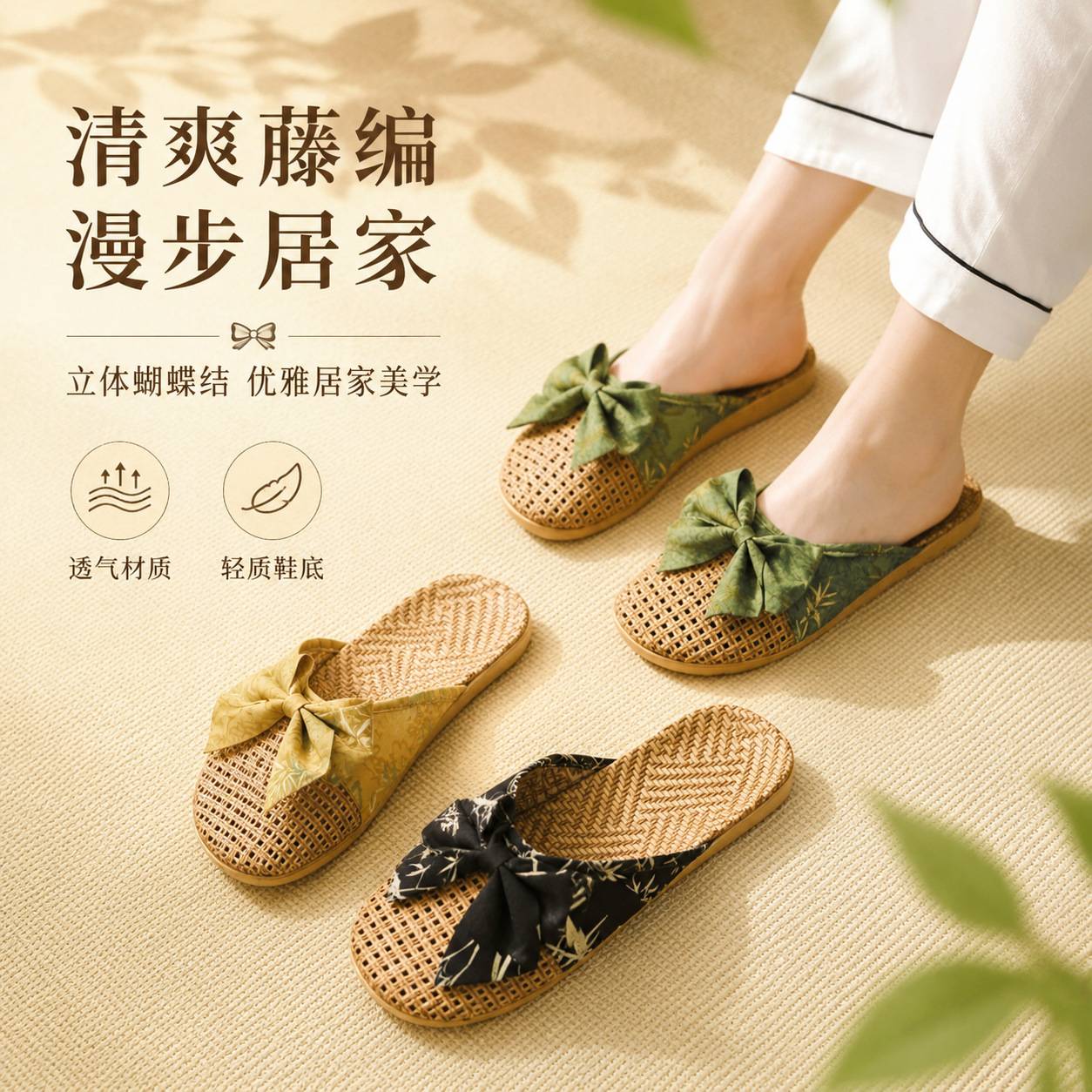 新款韩版蝴蝶结亚麻草编包头凉鞋