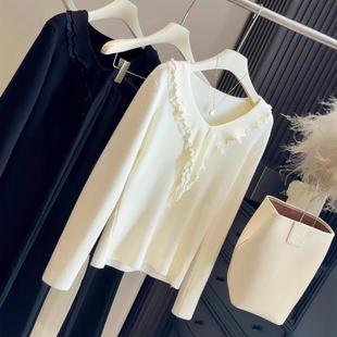 洋气收腰气质上衣 修身 v领蕾丝拼接荷叶边内搭女士针织衫 秋冬新款