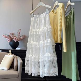 甜美蕾丝花边半身裙女秋季 高腰显瘦大摆蛋糕中长裙仙女裙 2025新款
