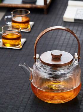 手工耐热玻璃双内胆胡木提梁茶壶泡日式HY889018蒸煮壶水烧电桃陶
