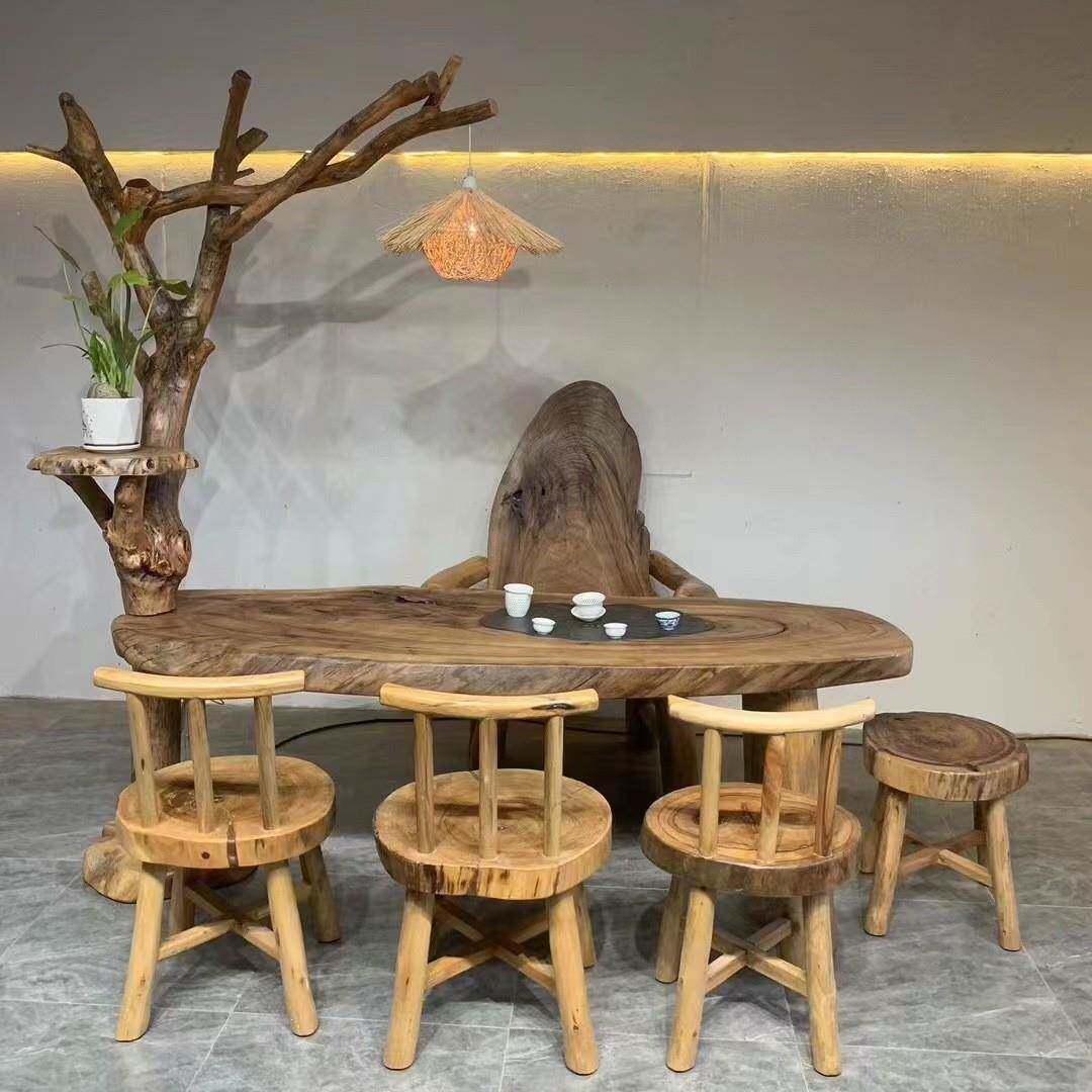 实木茶几香樟茶木独HOI板异意形茶椅台椭圆户外庭院创树叉灯架桌