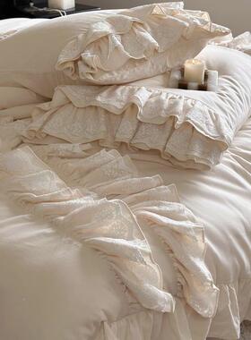 茉莉叶奶韩版WHJ纯棉磨毛四芙件套荷花款边蕾丝全棉床裙床品