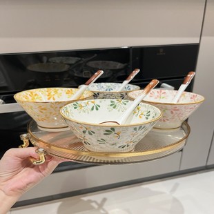 繁花5英寸斗笠碗四碗四勺八件套 四季 家用餐具陶瓷釉下彩米饭碗