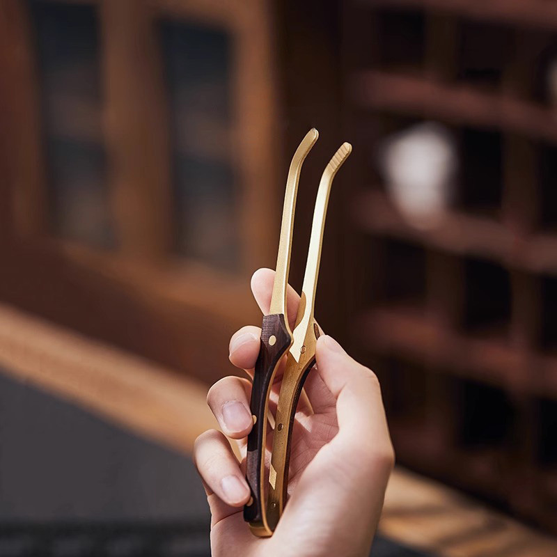 高级纯铜茶夹茶杯茶叶夹子茶具配件茶用镊子防滑黑檀木茶夹子高端