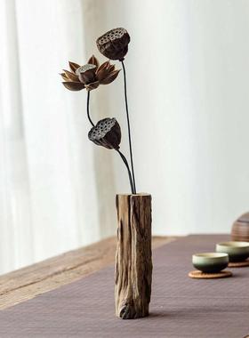 异丽客厅茶桌装饰品复古茶台茶艺木头小花瓶创意中式禅意茶室摆件