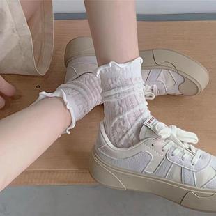 透气中筒袜白色日常百搭花边泡泡口袜子女堆堆袜JK袜 春夏森系薄款