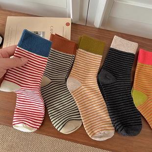 美拉德勃肯鞋 棉袜条纹袜子女秋冬中筒袜东大门复古堆堆长筒袜