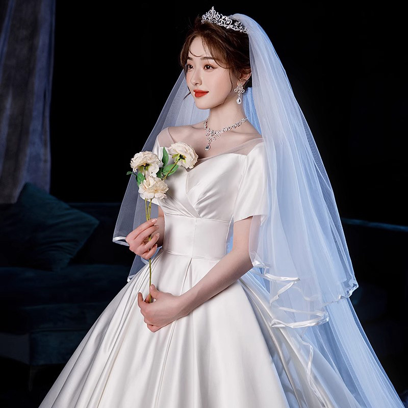 主婚纱头纱新娘结婚长款拖尾齐地拖地高级感简约拍摄走秀素纱白色