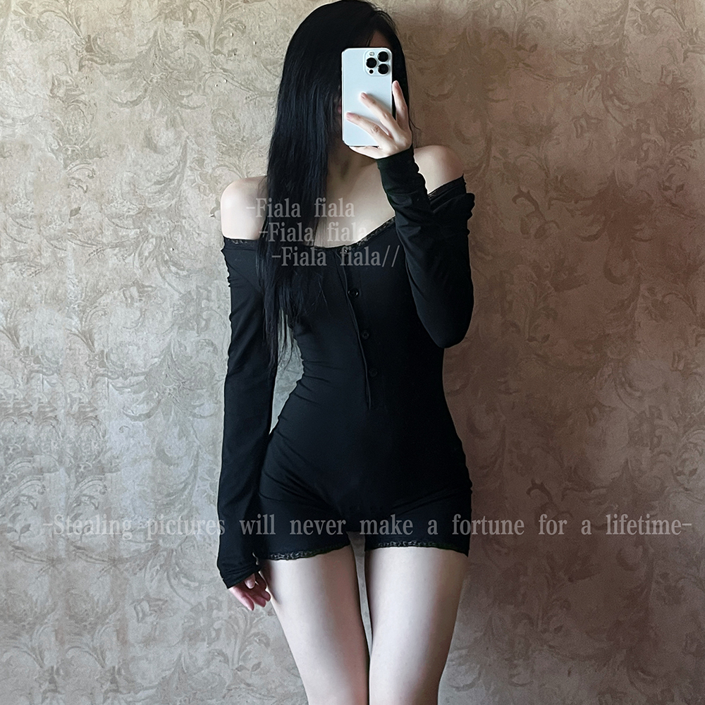 性感纯欲风蕾丝花边长袖连体衣