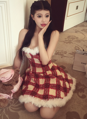 Fiala公主少女格纹毛边抹胸连衣裙女修身显瘦短裙氛围感圣诞风