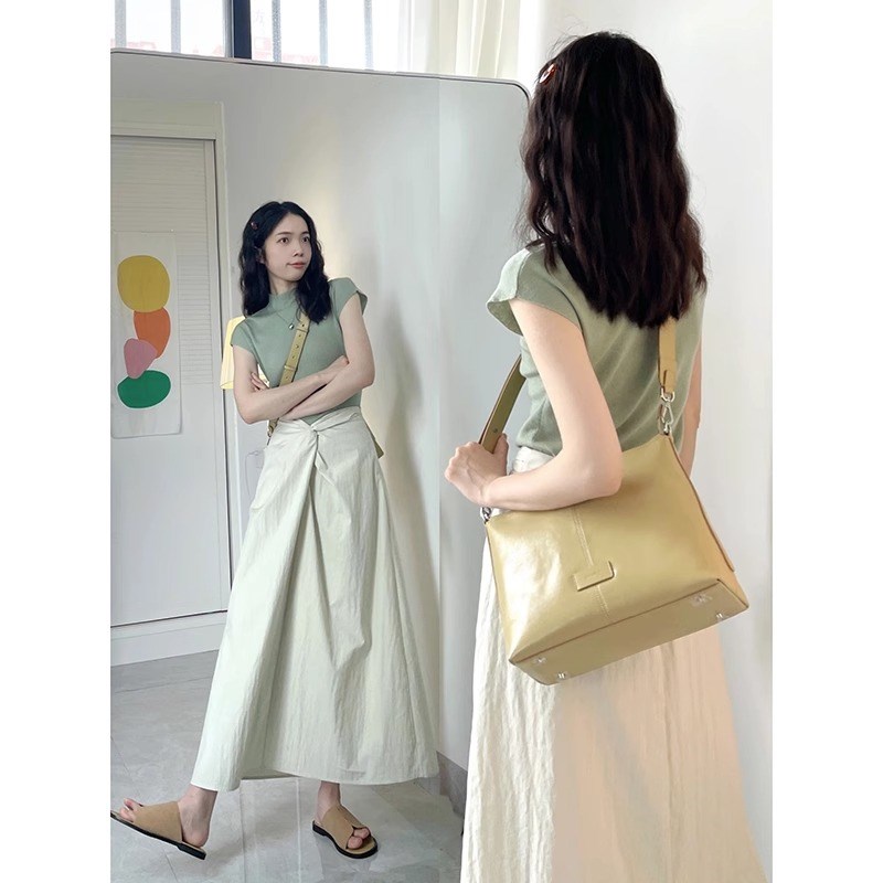 速发辣妹绿色小飞正半高领针款袖肩t恤夏高腰短织上衣