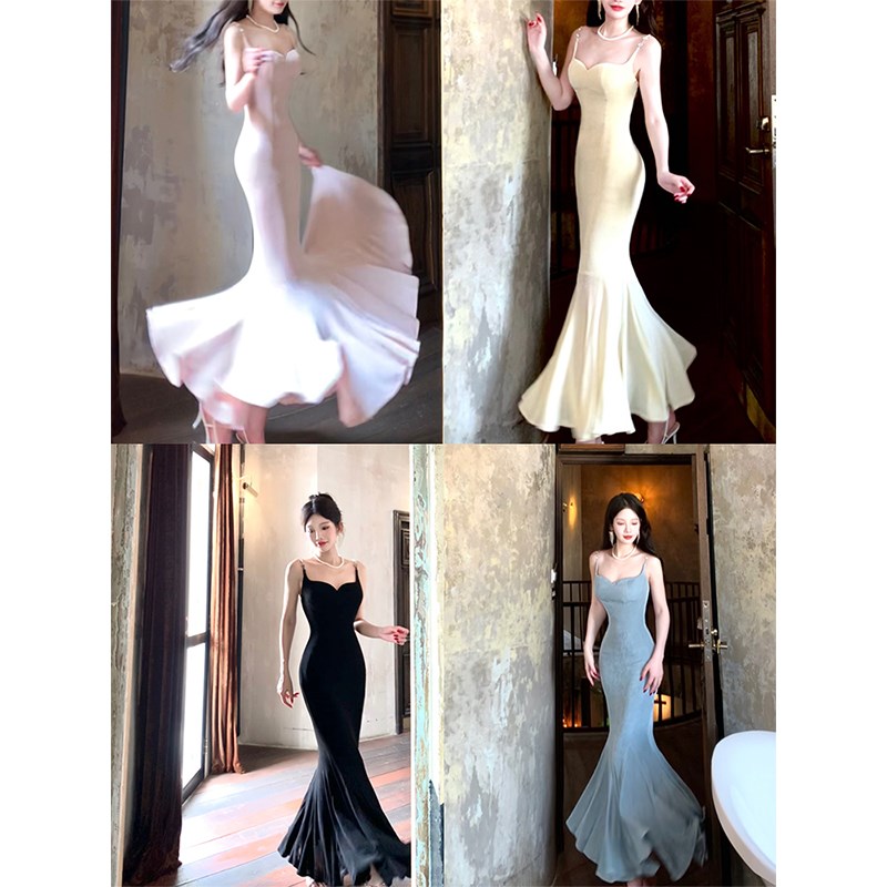 速发衣ood Job【多色可选】步步生莲鱼尾裙针织吊带连G裙丝绒晚礼