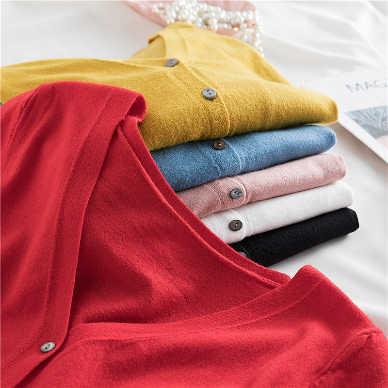 速发韩版薄款针织衫开衫长衣V领短款毛衣上袖外套外春搭空调衫