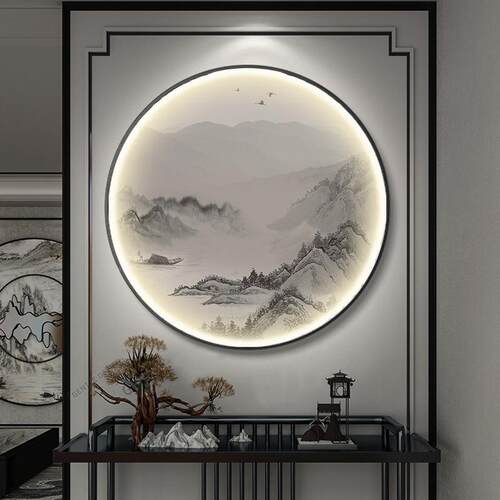 新中式室玄关WOE饰画形入户走廊过道壁画茶禅意装山水灯画圆带led