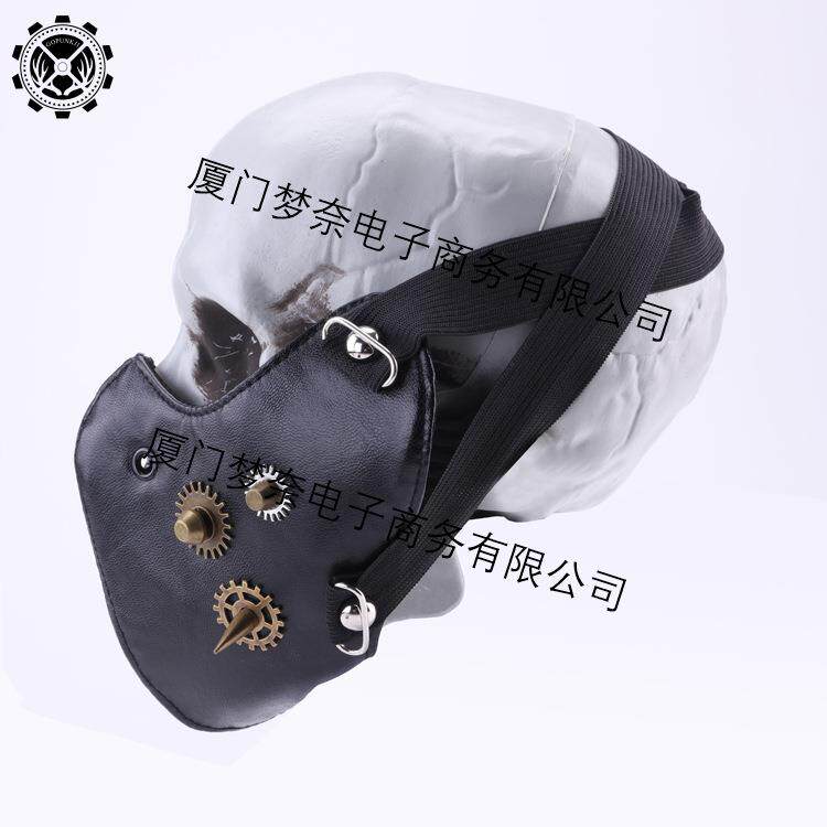 蒸汽朋克半脸皮革面具圣万弹力齿347轮铆钉链节哥条特机车派对面
