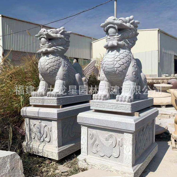 定制汉石白晚霞SD-302红石玉雕麒麟一对大门石仿古花岗岩青雕麒麟