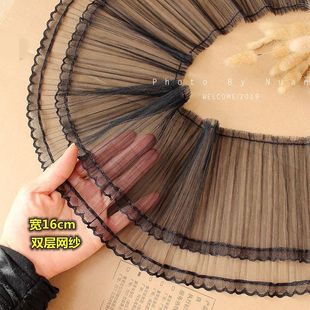 现货裙边裤 饰10cm宽黑 边柔软百褶皱花边风琴蕾丝袖 子下摆服装