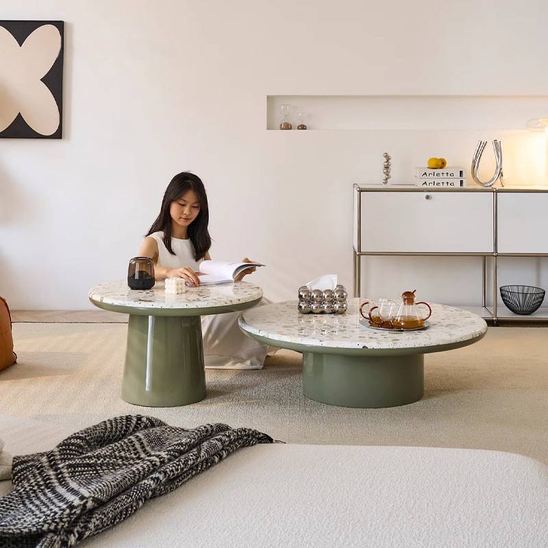 水磨石大小圆形茶几组合客厅家用小户型现代简约绿色奶油风小茶桌