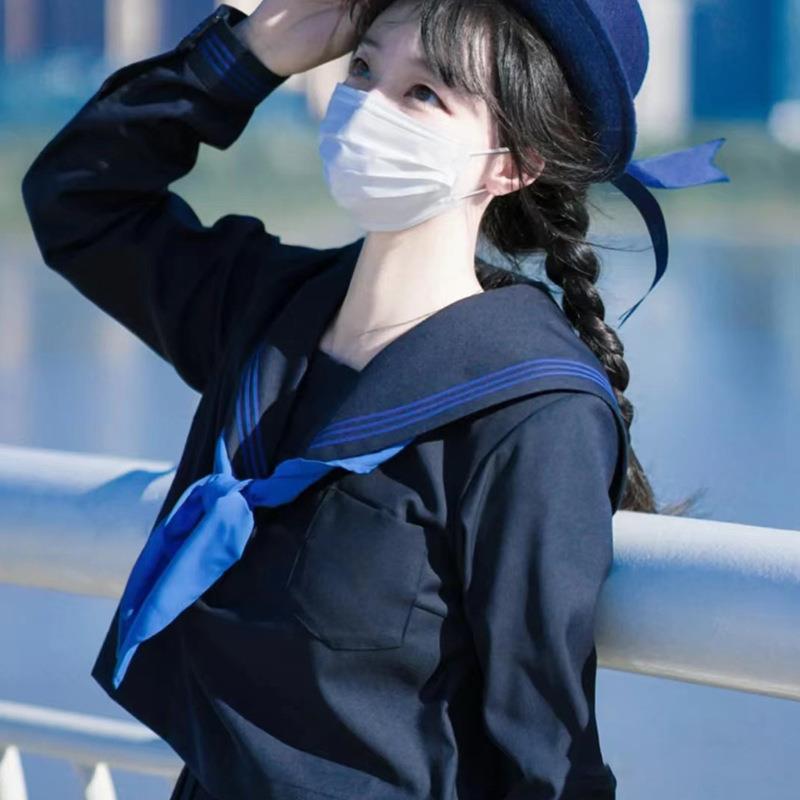 秋柚语水手服jkjk制服基础款蓝三本水手服长短袖学院风日系校供感