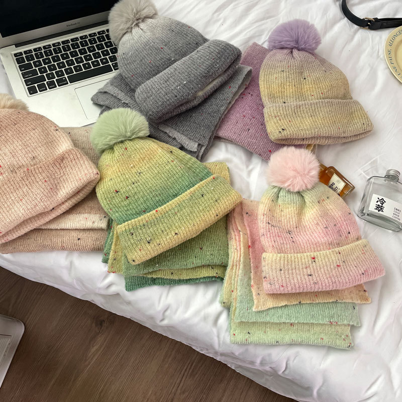 春野森川｜羊毛混纺复古渐变翻边毛线帽围巾套装秋冬男女潮冷帽