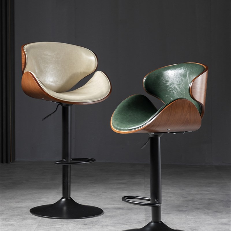 吧台椅升降现代j简约铁艺轻奢靠背高脚凳子家用牛皮吧台凳前台椅