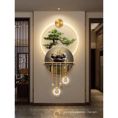 新中式迎客松玄关装饰画罗汉松柏树走廊壁画灯流水生财入户门挂画
