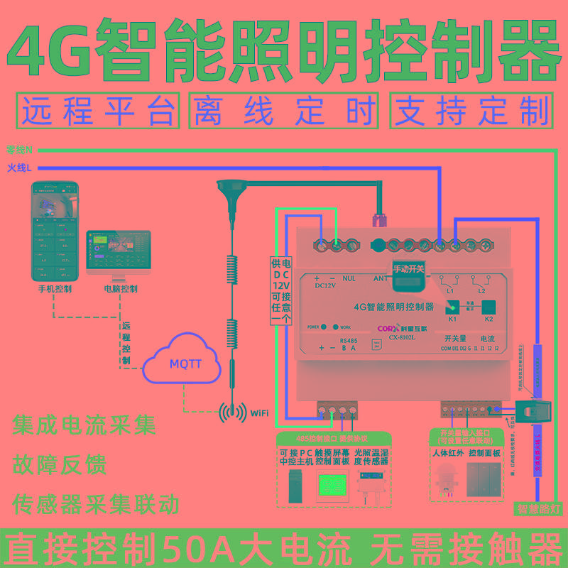 网络LED开关大电流50A控制器mqtt协议充电桩智能照明棋室台球厅