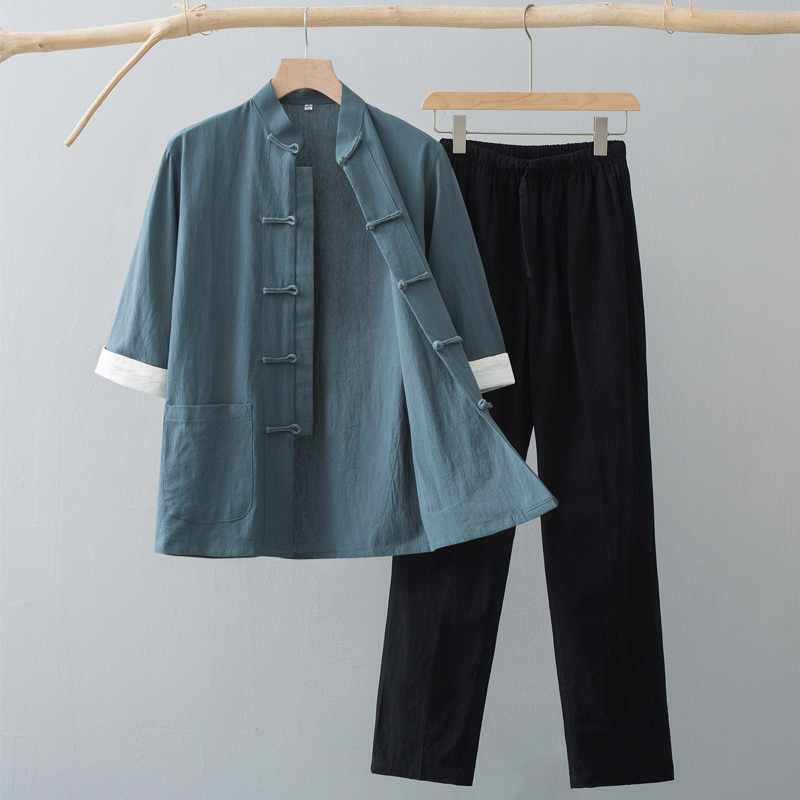 新款棉麻太极拳练功服晨练武术表演男中式挽袖禅修禅茶工作服女春