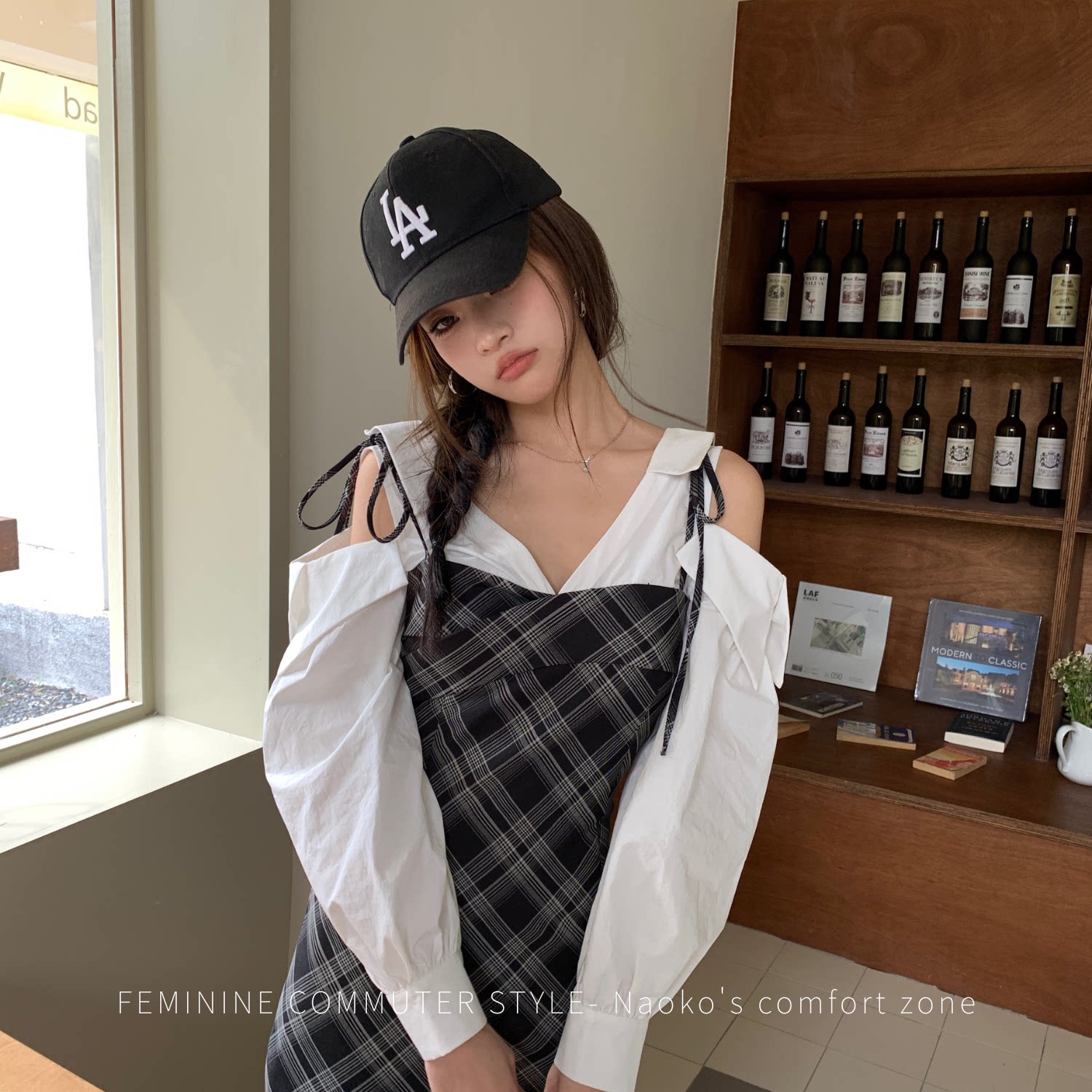 Naoko直子 露肩黑白格纹假两件细吊带包臀短裙显瘦没啥可说的了