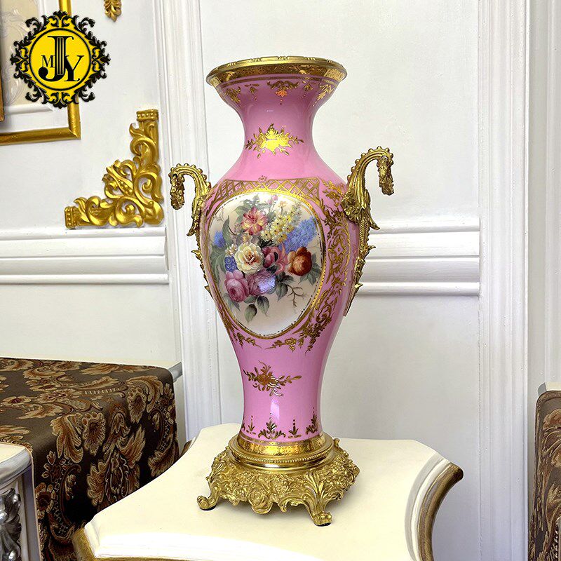 热销一等品 蓬巴杜玫瑰 法式铜配瓷粉色花瓶美式别墅欧式高端中古