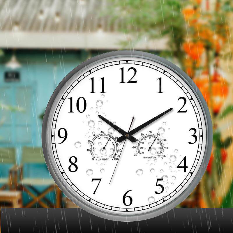 18英寸大型户外挂钟防水带温湿度可雨水日晒静音圆形挂墙时钟表